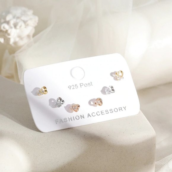 [3 Pairs] 925 Sterling Silver Diamond Earrings K - Picture 4 of 7